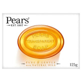 A 125g Pears Transparent Soap Bar with natural oils in its packaging, labeled as pure and gentle.